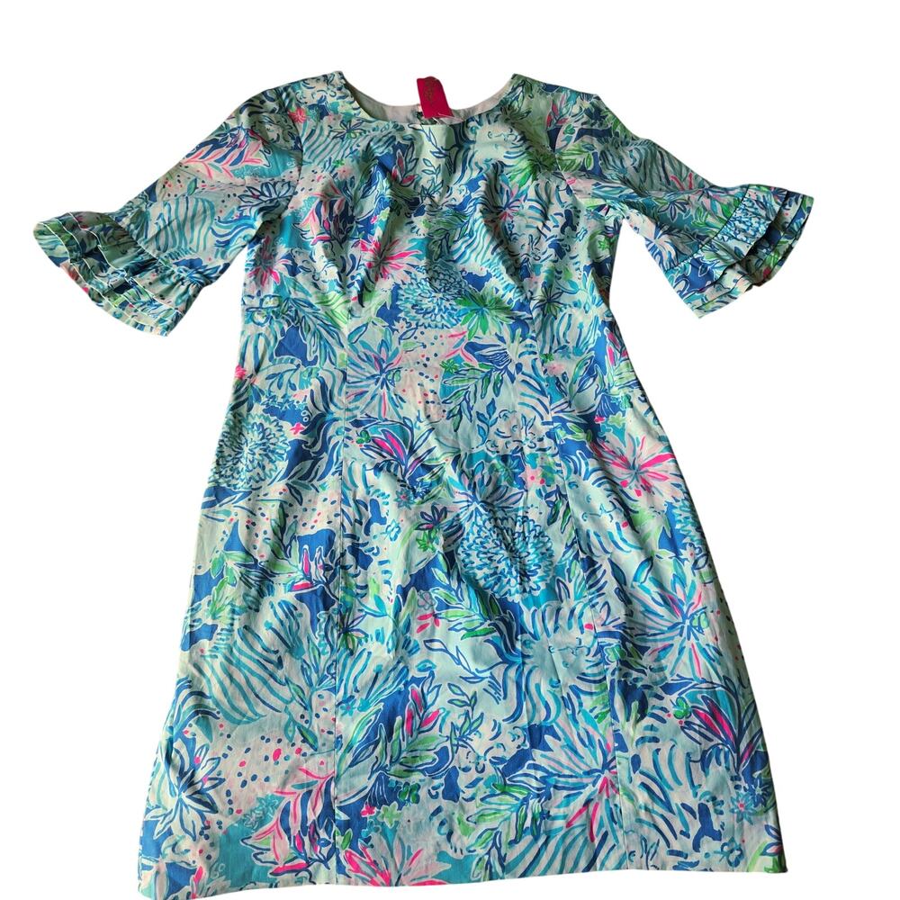 Lilly Pulitzer Size 6 New Fiesta Stretch Dress Coastal Tideline Floral Blue Lion - Picture 11 of 12